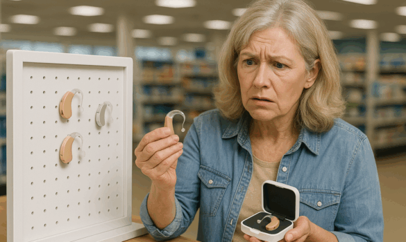 Woman looks confused trying to buy a hearing aid at a retail counter.