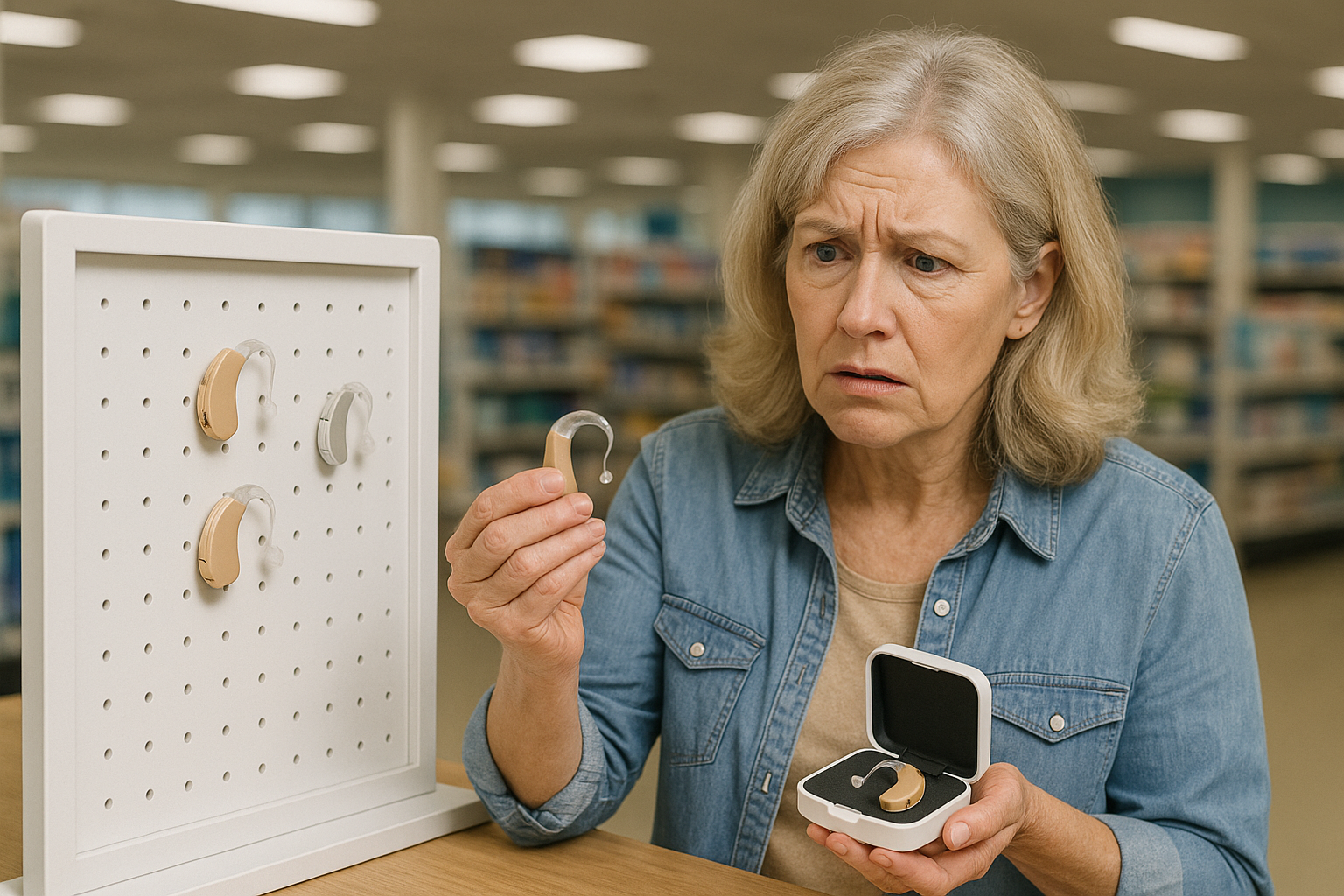 Woman looks confused trying to buy a hearing aid at a retail counter.
