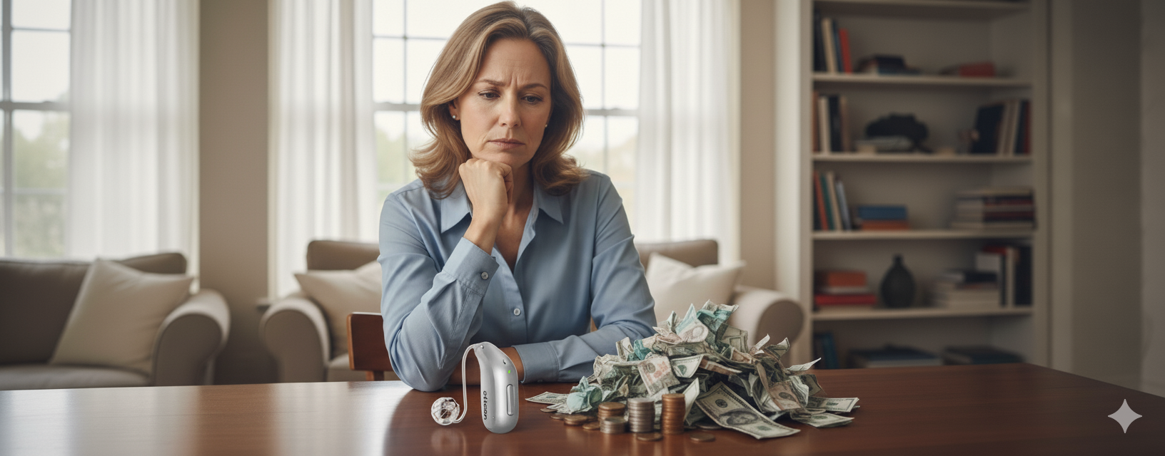 AI generated woman looking at hearing aids and a pile of money