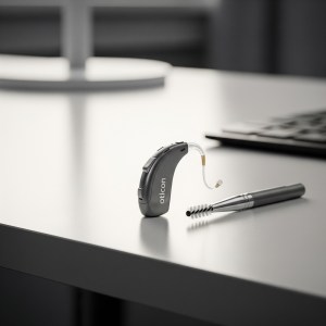 Alt text: Hearing aids with cleaning tools on a clinic desk, showing importance of maintenance.