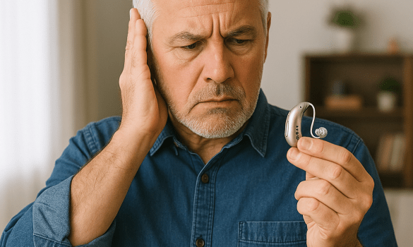 A man with tinnitus looks angrily at a hearing aid.