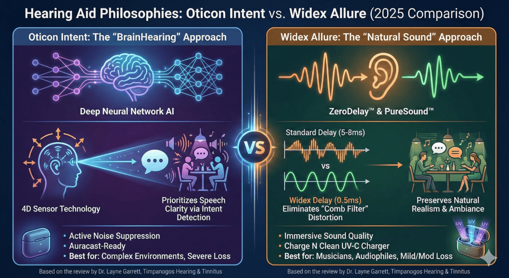 Comparison infographic between Oticon Intent and Widex Allure