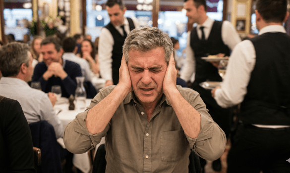 Man struggling with noise in a restaurant