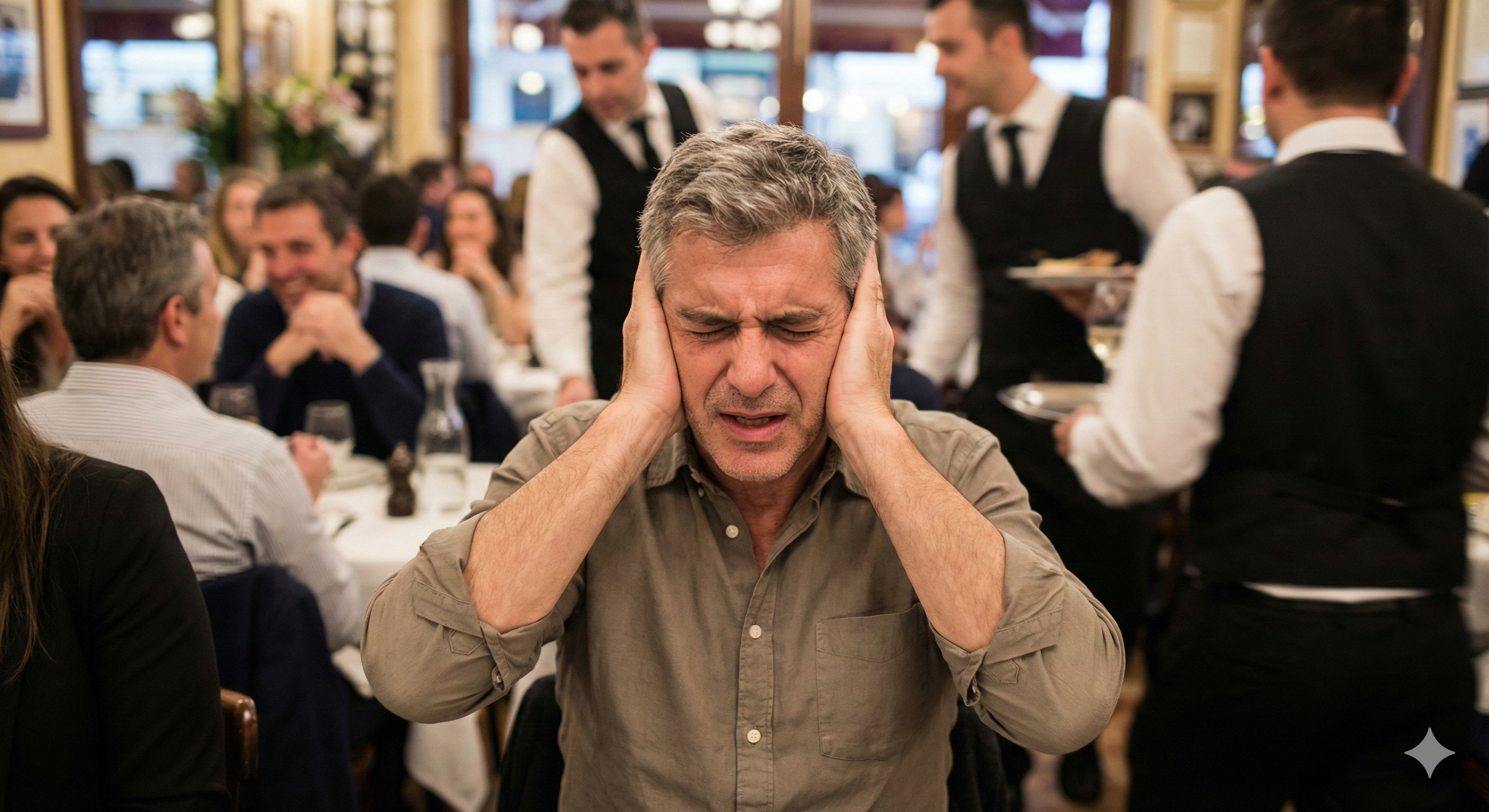 Man struggling with noise in a restaurant