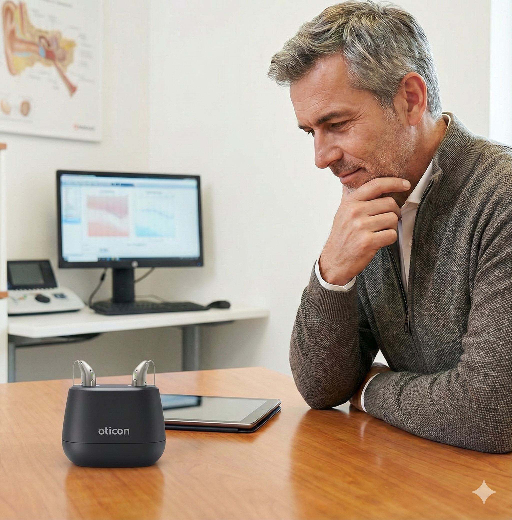 Man considering whether to buy hearing aids during a hearing care appointment