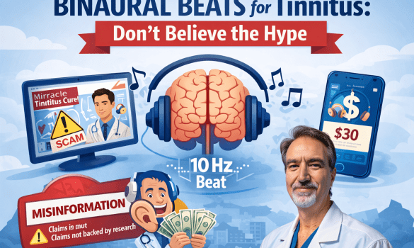 Image Titled Binaural Beats for Tinnitus - Don't Believe the Hype. Cartoon images are shown about the misinformation and hype. Dr. Layne Garrett is shown in a lab coat in the bottom right hand corner.