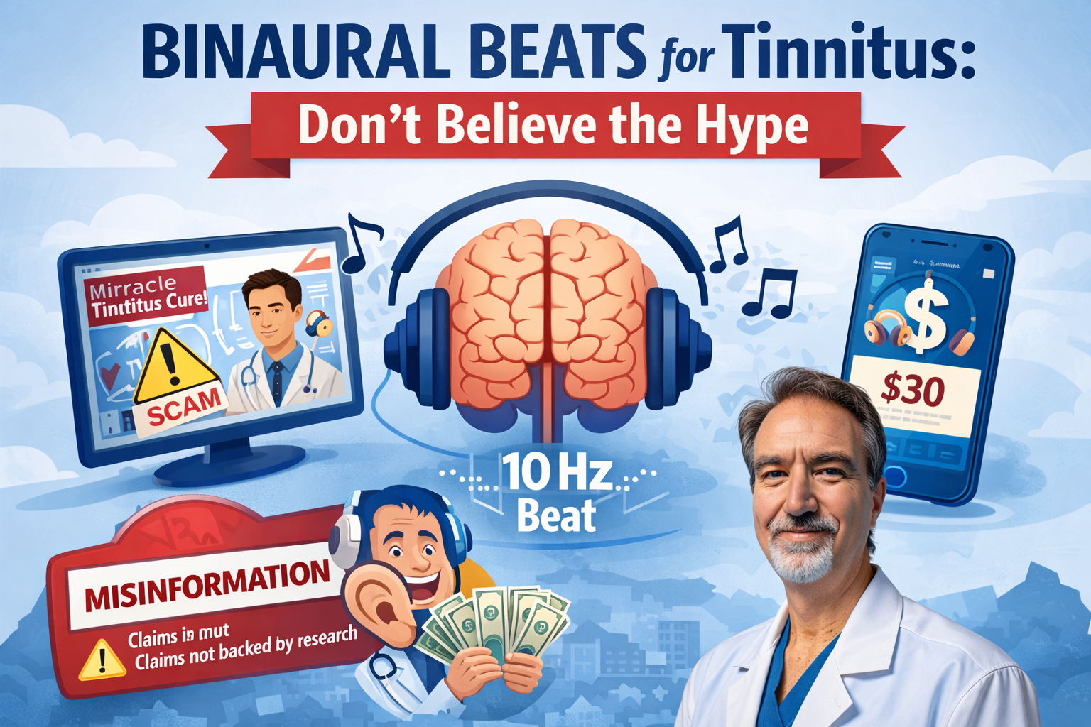 Image Titled Binaural Beats for Tinnitus - Don't Believe the Hype. Cartoon images are shown about the misinformation and hype. Dr. Layne Garrett is shown in a lab coat in the bottom right hand corner.