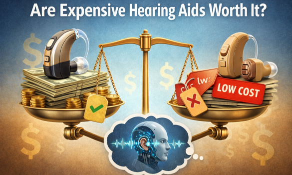 Photo of scales judging between expensive hearing aids and cheap hearing aids titled "Are Expensive Hearing Aids Worth the Cost/"