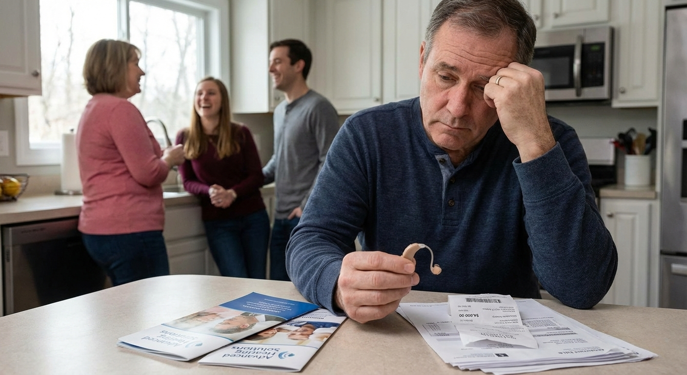Man in blue shirt with frustrated expression holding a hearing aid Family in background smiling in conversation.