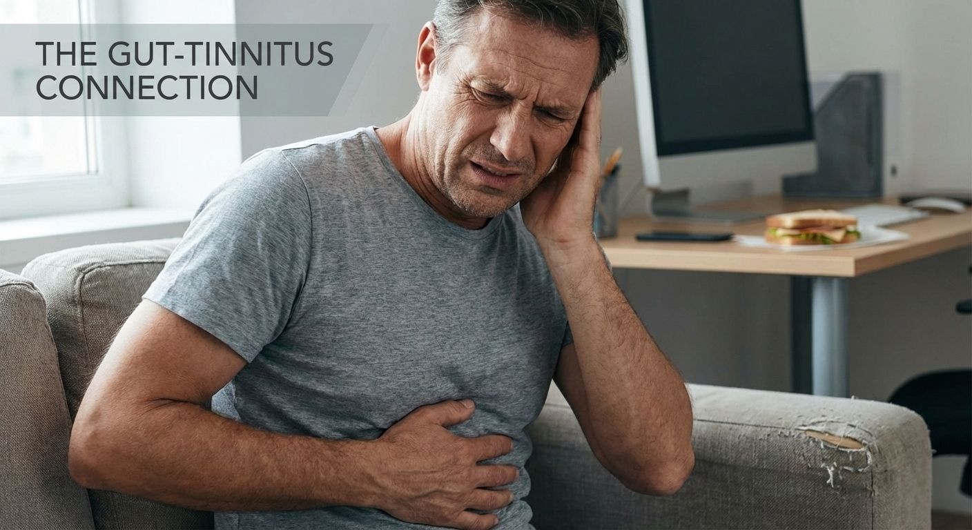 Man in his 40s holding his ear due to tinnitus and his stomach. Words saying "the Gut tinnitus connection"