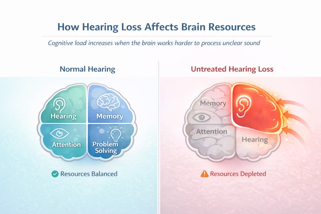 Split comparison illustration showing balanced brain resources with normal hearing versus depleted cognitive resources when the brain diverts mental energy to process unclear sound in untreated hearing loss