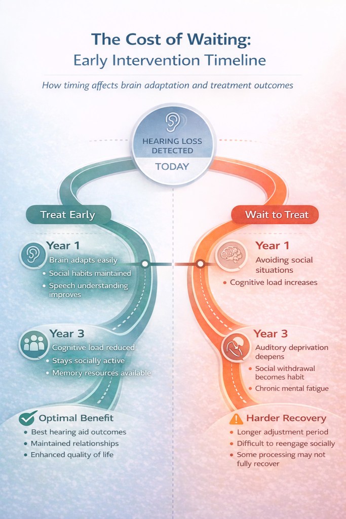 Timeline comparison showing benefits of early hearing loss treatment versus cumulative difficulties when treatment is delayed, including brain adaptation challenges, social reengagement barriers, and auditory deprivation